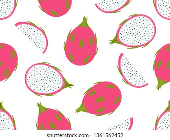 Seamless pattern of fresh dragon fruit set on white background - vector illustration