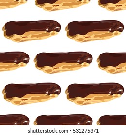 Seamless pattern. Fresh eclairs with chocolate fudge on a white background, seamless pattern. Vector. Hand drawn  eclairs on white back ground. Traditional French dessert.