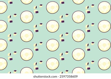 A seamless pattern of fresh eggplant slices on a mint green background. Perfect for kitchen decor, healthy food packaging, or textile prints.