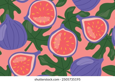 seamless pattern with fresh fig fruit and green leaves - vector illustration