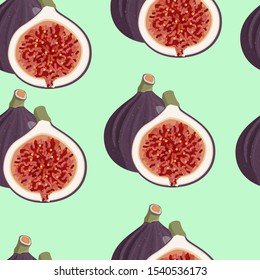 Seamless pattern with fresh figs whole and half. Food background.