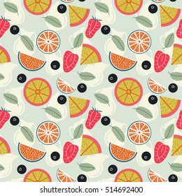 Seamless pattern with fresh fruit lemonade: grapefruit, lime, mint, strawberry and blueberry. Tropical non-alcohol fruit lemonade background.