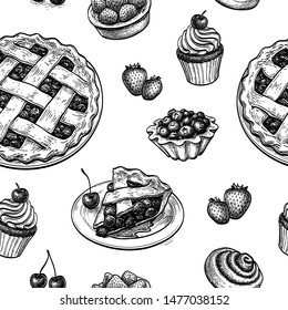 Seamless pattern with fresh fruit pastries. Ink sketches on white background. Hand drawn vector illustration. Retro style.