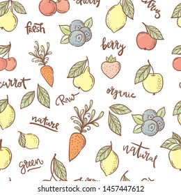 Seamless pattern with fresh fruit and vegetable/organic and vegan food