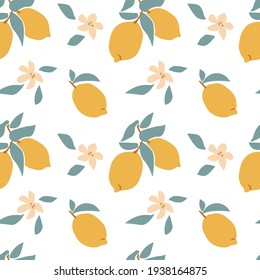 Seamless pattern of fresh fruit yellow lemon with green leaf, flower, slice in hand drawing style isolated on white background. Vector flat illustration.Design for textile, wallpaper, wrapping