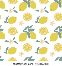Patrón sin foco de limón amarillo de fruta fresca con hoja verde, flor, rodaja a mano estilo dibujo aislado en fondo blanco. Ilustración plana vectorial.Diseño para textiles, papel pintado, envoltura