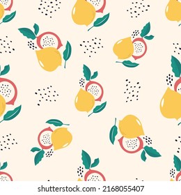 Seamless pattern with fresh fruits and abstract ornament.