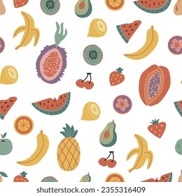 Seamless pattern with fresh fruits and berries. Summer exotic delicious tasty delicious flavored retro summer backgrounds.