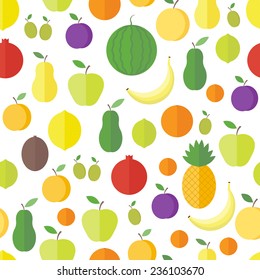 Seamless pattern with fresh fruits and berries on a white background in flat. Vector background