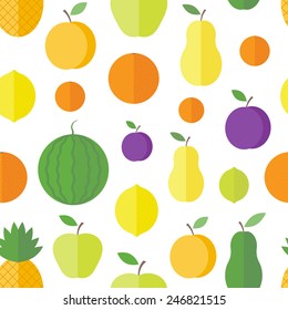 Seamless pattern with fresh fruits and berries on a white background in flat style. Vector background