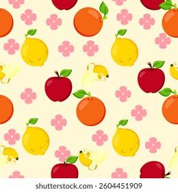 Seamless pattern with fresh fruits including apples, oranges, bananas, and lemons with floral elements on a soft pastel background. Ideal for packaging, textiles, gift wrapping, and kitchen decor