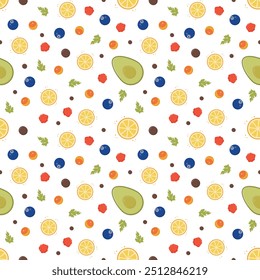 Padrão sem emenda de frutas frescas como abacates, limões e bagas com ervas e especiarias, para projetos de cozinha e temáticos de alimentos. Estilo de vida saudável. Arte vetorial.