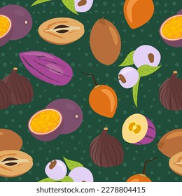 Nahtloses Muster mit frischen Früchten auf grünem Hintergrund. Farbige Früchte Passionsfrucht, Feigenfrucht, Austromyrtus Dulcis, Sapodilla chiku, Pepino oder Solanum muricatum Frucht, Tamarillo. Vektorgrafik