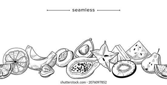 Seamless Pattern with Fresh Fruits Slices, Doodle Composition with Lime or Lemon, Strawberry, Papaya, Plum and Carambola. Watermelon, Pear, Kiwi and Melon Hand Drawn Border. Linear Vector Illustration
