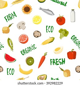 Seamless pattern with fresh fruits, vegetables, market food. 