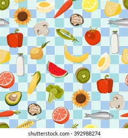 Seamless pattern with fresh fruits, vegetables, market food. 