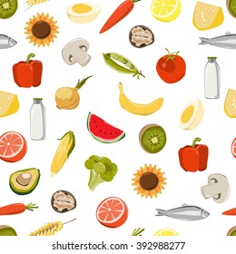 Seamless pattern with fresh fruits, vegetables, market food. 