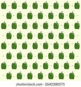 Seamless pattern of fresh green apples with green leaves in a cute, minimal cartoon style. The apples are evenly spaced in a grid layout, perfect for textiles, wrapping paper, packaging, wallpaper