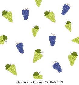 Seamless pattern of fresh green and blue bunches of grape on white background. Vector illustration.