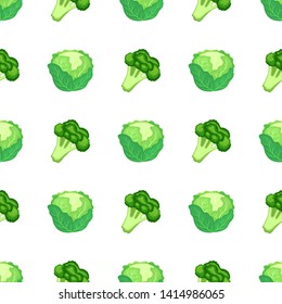 Seamless pattern with fresh green cabbage and broccoli isolated on white background. Organic food. Cartoon style. Vector illustration for design, web, wrapping paper, fabric, wallpaper.