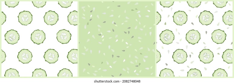 Seamless pattern with fresh green cucumber slice and seed. Set of repeated vegetable background. Vector eps 10