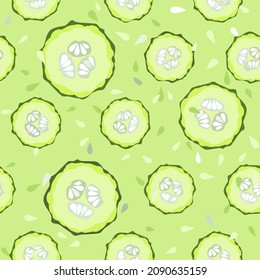 Seamless pattern with fresh green hand drawn cucumber slice. Vegetable repeated vector illustration. Eps 10