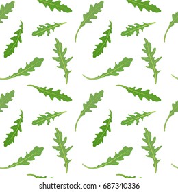 Seamless pattern with fresh green leaves of ruccola (arugula, rocket salad). Vector seamless pattern, hand drawn illustration. Rocket salad background.