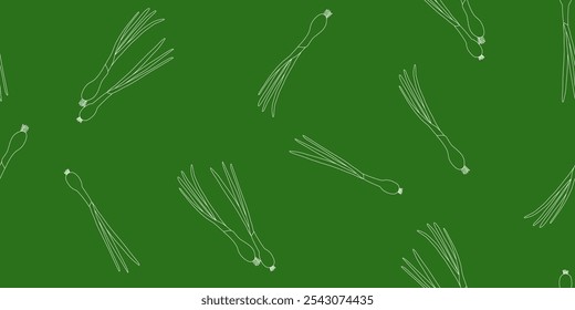 Seamless pattern with fresh green onion outlines, chives or scallion on green background, vector