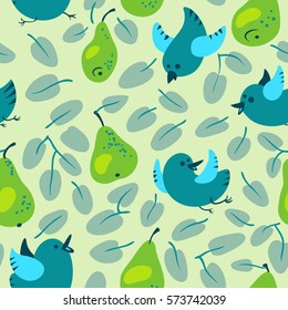 Seamless pattern with fresh green pears. Harvesting background with fruits and leaves and flying birds. Vector illustration in simple style