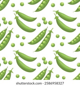 Seamless pattern with fresh green peas in pods on white background. Food background, print