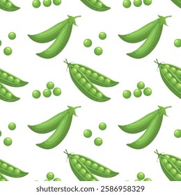 Seamless pattern with fresh green peas in pods on white background. Food background, print