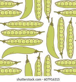 Seamless pattern with fresh green peas, hand drawn icons vector. Colorful background with vegetables, food objects. Decorative wallpaper, good for printing