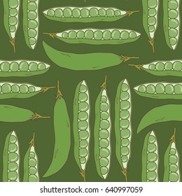 Seamless pattern with fresh green peas, hand drawn icons vector. Colorful background with vegetables, food objects. Decorative wallpaper, good for printing