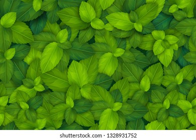 Seamless pattern with fresh green realistic leaves. Spring or summer vector background concept