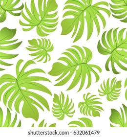 Seamless pattern with fresh green tropical palm tree leaves and branches 