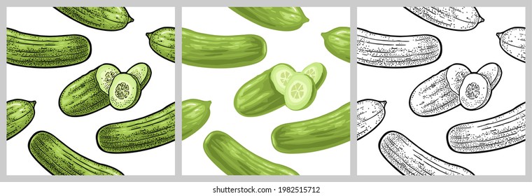 Seamless pattern fresh green whole, half and slices cucumbers. Isolated on the white background. Vector color vintage engraving and flat illustration for menu and label