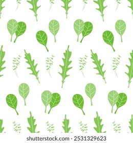 Padrão sem emenda de verdes frescos, rúculas, espinafres, maoran. Ilustração vetorial sobre fundo branco. Nutrição adequada e estilo de vida saudável.