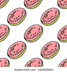 Patrón sin foco con guajava fresca sobre fondo blanco. Imagen vectorial.