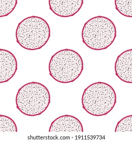 Seamless pattern with fresh half cut red pitaya fruits isolated on white background. Summer fruits for healthy lifestyle. Organic fruit. Cartoon style. Vector illustration for any design.