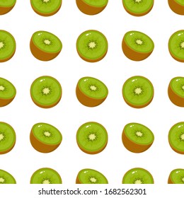 Seamless pattern with fresh half kiwi fruit on white background. Summer fruits for healthy lifestyle. Organic fruit. Cartoon style. Vector illustration for any design.