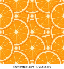 Seamless pattern with fresh half orange fruit. Tangerine. Organic fruit. Cartoon style. Vector illustration for design, web, wrapping paper, fabric, wallpaper.