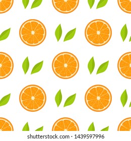 Seamless pattern with fresh half orange fruit and green leaves on white background. Tangerine. Organic fruit. Cartoon style. Vector illustration for design, web, wrapping paper, fabric, wallpaper.