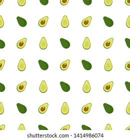 Seamless pattern with fresh half and whole avocado isolated on white background. Organic food. Cartoon style. Vector illustration for design, web, wrapping paper, fabric, wallpaper.