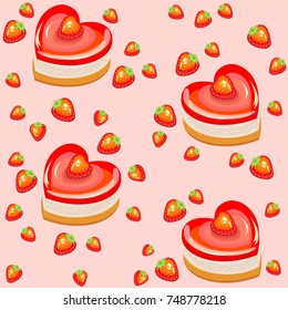 Seamless pattern. Fresh holiday cakes in the shape of heart and strawberry. Suitable as wallpaper in the kitchen, as a gift wrapping on Valentine's Day. Creates a festive mood. Vector illustration.