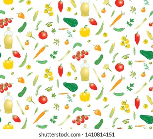 Seamless pattern of fresh juicy green red orange yellow vegetables.  Avocados, cucumbers, tomatoes, onions, parsley, carrots, peppers, peas.  On white for decoration and kitchen design