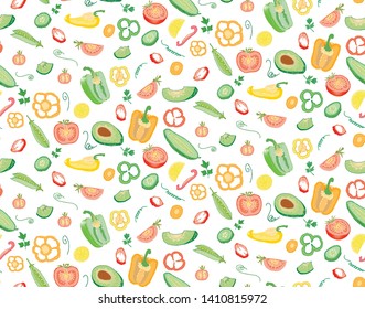 Seamless pattern of fresh juicy green red orange yellow sliced ​​halves, quarters and slice of vegetables - vocados, cucumbers, tomatoes, onions, parsley, carrots, peppers, peas. 