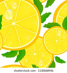 Seamless pattern. Fresh juicy yellow lemon slices with mint leaves. Vector illustration isolated on white. Orange, mandarine pieces. Water drops, bubbles on citrus. Bright refreshing summer fruits.