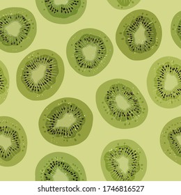 Seamless pattern with fresh kiwi, detailed realistic ripe kiwi berries on a green background. 3D vector illustration. For print, wrapping paper, Wallpaper, packaging, banners, postcards, etc.