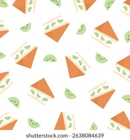 Seamless Pattern of Fresh Kiwi Fruit Sandwiches in Flat Cartoon Style, Perfect for Food Packaging, Kids Wallpaper, Greeting Cards, and Healthy Food-Themed Design