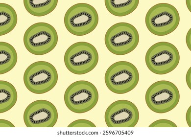 Seamless pattern of fresh kiwi slices with a vibrant green color on a light background. Perfect for packaging, fabric, wallpaper, and digital projects with a fruit theme.